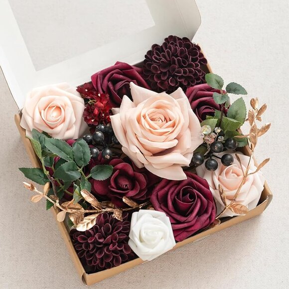 Burgundy Artificial Flowers and Greenery Mini Combo Box Set, Marsala & Blush Fak - Picture 4 of 4